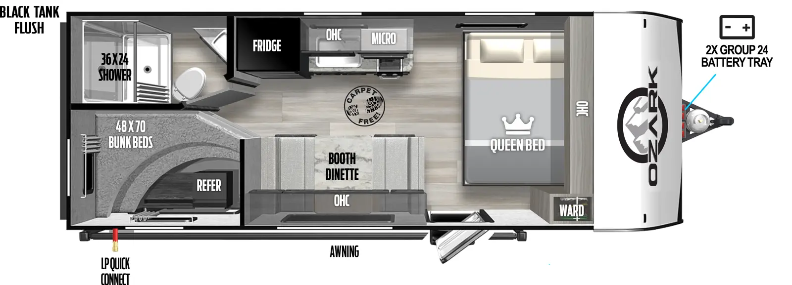 The Ozark 1650BHK floorplan has one entry and zero slide outs. Exterior features include: fiberglass exterior. Interiors features include: bunk beds and front bedroom.